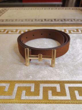 H & M Tan Leather Belt with Gold H-Bar Buckle Size M